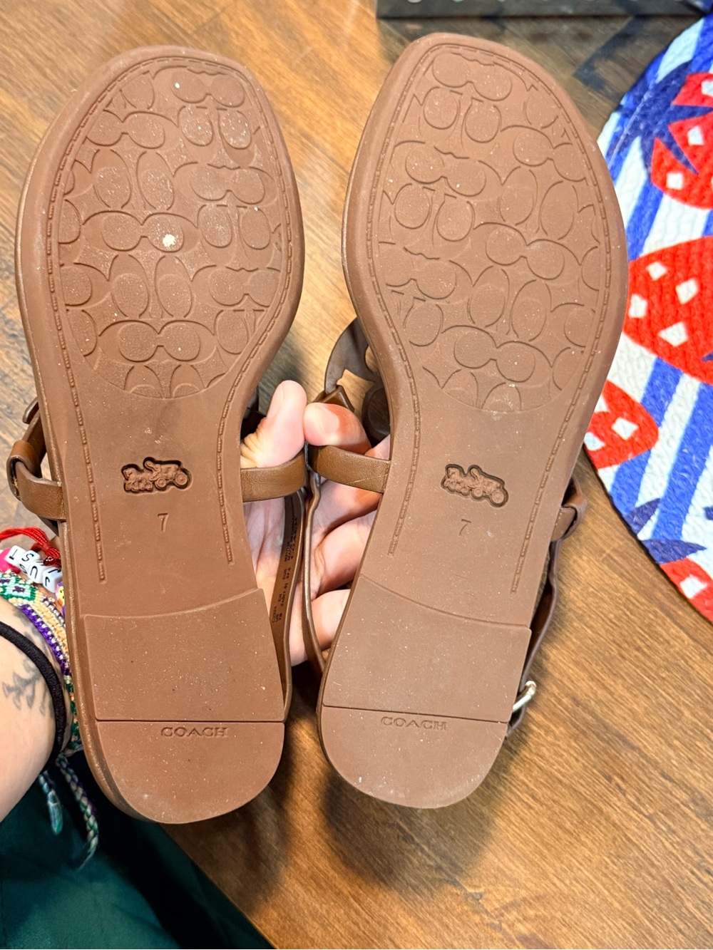 Coach Brown Leather Cutout T-Strap Sandals - Picture 3 of 4